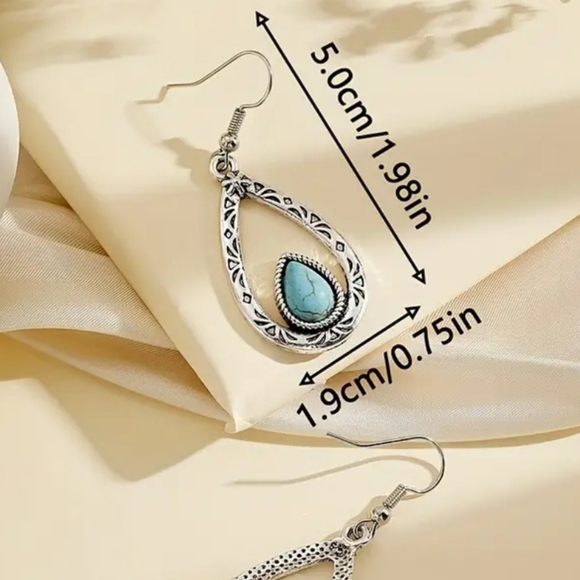 Nwt Bohemian Faux Turquoise Earrings Vintage Water Drop Hollow Out Dangle - Picture 3 of 4